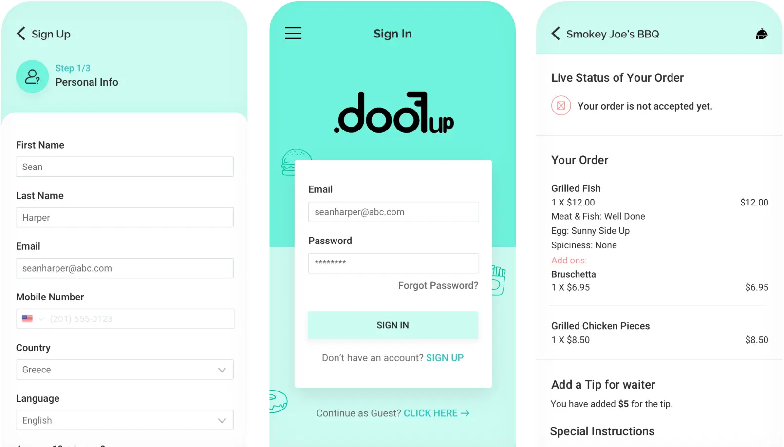 Doofup restaurant ordering app screens