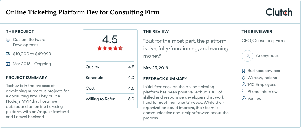 Clutch review: Online ticketing platform for a consulting firm, 4.5 stars