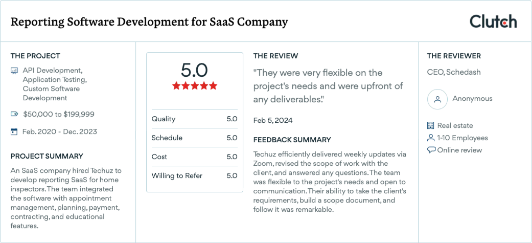 Clutch review: Reporting software for a SaaS company, 5.0 stars