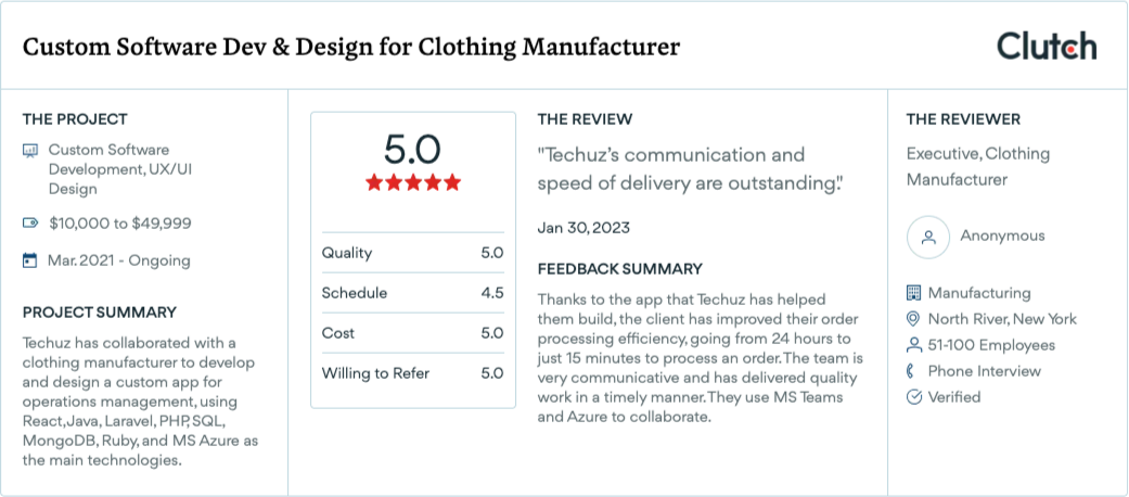 Clutch review: Custom software for a clothing manufacturer, 5.0 stars